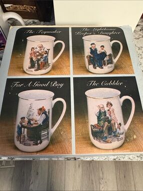 Classic Illustrated White Ceramic Mugs - Set of 4